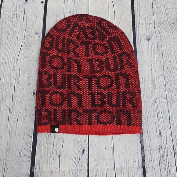 Burton Snowboard Beanie Hat Ski Hiking Running Red Gray All Over Logo - Picture 1 of 4